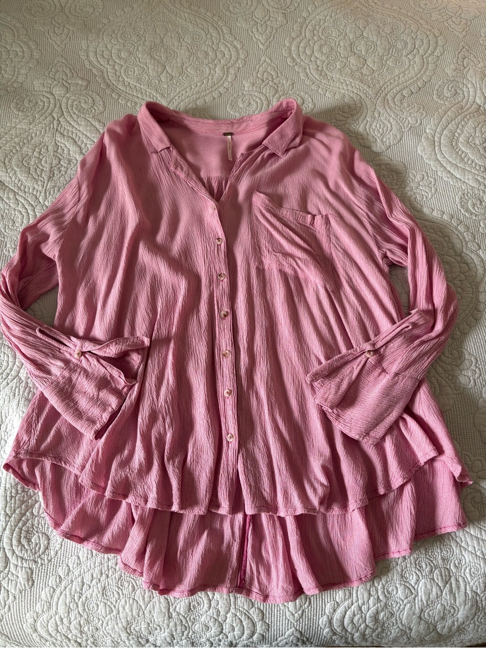 Free People Pink Pinstripe Flowy Button-Down Shirt Small
